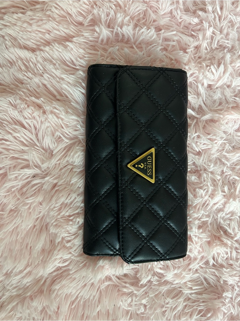 GUESS Black Quilted Wallet with Gold Triangle Logo
